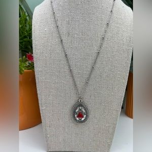 Western Chic Silver & Red Necklace - Long Artsy Necklace -Bohemian Necklace